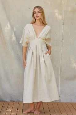 Amiee Pleated Linen Midi Dress