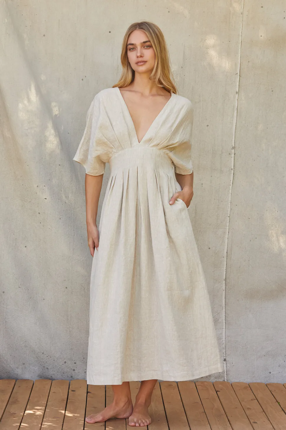 Amiee Pleated Linen Midi Dress