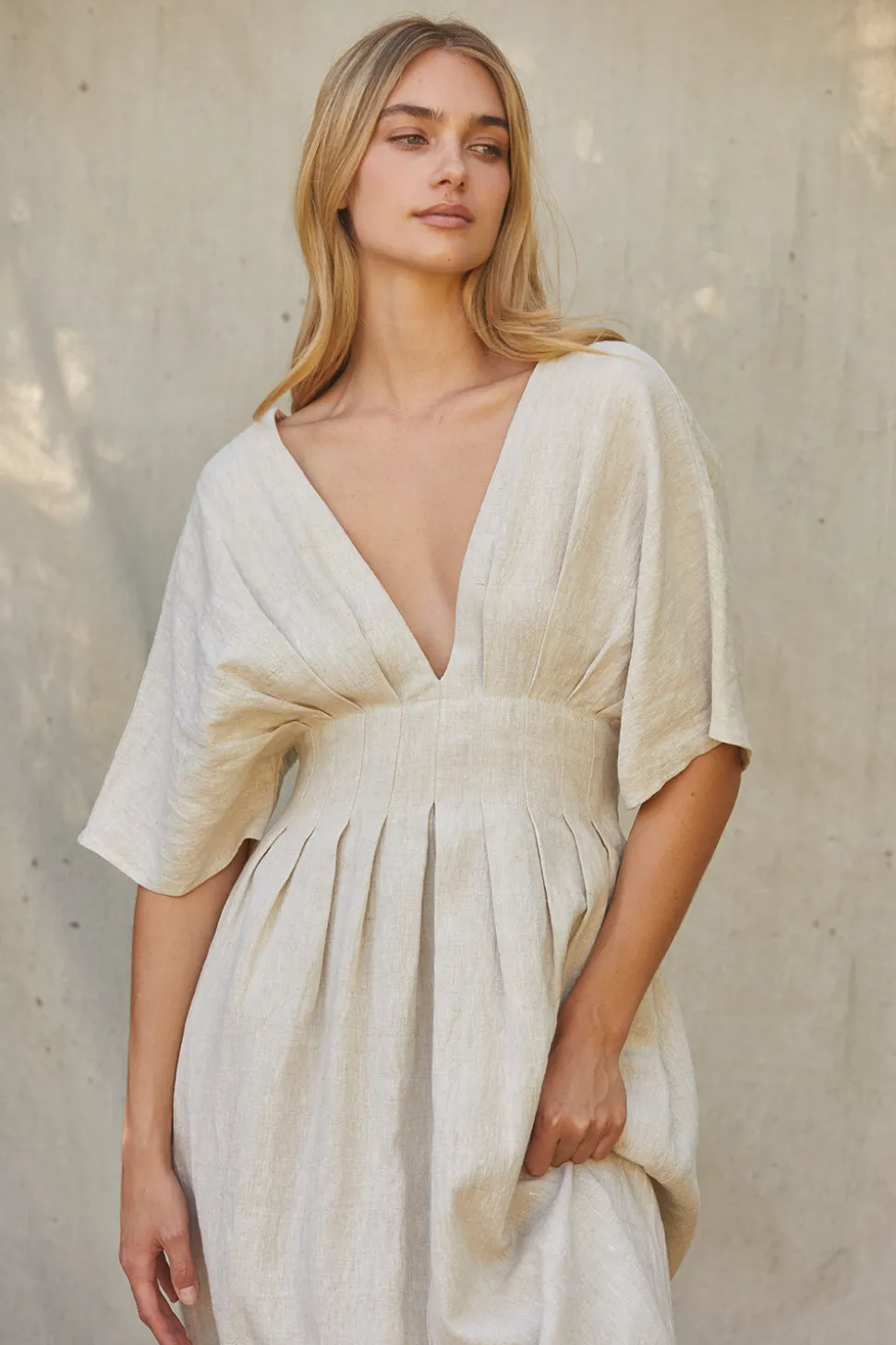 Amiee Pleated Linen Midi Dress